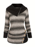 Stylish Women's Casual Long Sleeve Striped Button Hoodie, Ruched Sweatshirt with Relaxed Fit