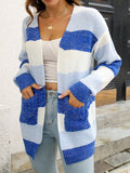 Casual Striped Colorblock Knit Cardigan, V-neck Cardigan With Pockets For Autumn & Winter, Women's Clothing