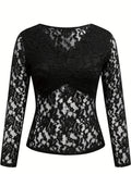 Purpdrank Elegant Womens Sheer Lace V-Neck Tee - Long Sleeve, Slim Fit, Fashionable Casual Wear