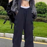 Purpdrank Y2K Chic Draped Cargo Pants - Versatile Solid Drawstring Design with Pockets - Fashion-Forward Womens Streetwear