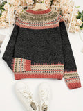 100% Polyester Knit Fabric Women's Casual Bohemian Fluffy Long Sleeve Crew Neck Thickened Pullover Sweater for Fall/Winter, Solid Color Jumper