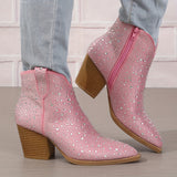 Women's Rhinestone Decor Ankle Boots, Pointed Toe Chunky Heeled Cowboy Boots, V-cut Pull On Boots for Music Festival