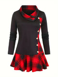 Trendy Plaid Print Tunic Top - Asymmetrical Button-Decorated Design with Color Block - Versatile for Spring & Fall - A Must-Have for Fashion-Savvy Women