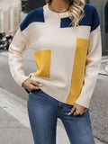 Stylish Color Block Crew Neck Pullover Sweater - Soft, Long Sleeve, Knitted, Casual, Fall & Spring Essential - Women's Clothing for Everyday Wear