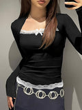 Vibrant Lace Square Neck Chic T-Shirt - Long Sleeve, Bow Front, Knitted, Y2K Inspired, Coquette Style, Perfect for Spring & Fall, Women's Clothing for Casual, Everyday Wear