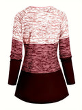 Plaid & Stripe Print Colorblock T-Shirt, Casual Long Sleeve Crew Neck Top For Spring & Fall, Women's Clothing