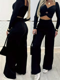 Purpdrank  Women's Double-Breasted Wide-Leg Pants - Solid Black Casual Trousers, Machine Washable & Dry Cleanable, All-Season Versatile Office & Casual Attire, Commuting Attire, Sleek Design, Durable Material, Stylish Bottoms