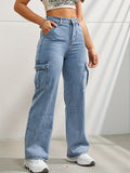 High-Waisted Y2K Kpop-Inspired Denim Cargo Jeans - Side Flap Pockets, Light Wash, Casual Slash Pockets, Comfortable Fabric, Stylish Design, Women's Fashionable Clothing for Everyday Wear
