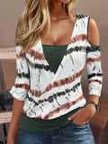 2-In-1 Stylish Tie Dye Print Drawstring T-Shirt Top - Relaxed Fit, Casual Cold Shoulder, 3/4 Sleeve, Soft Fabric, Perfect for Spring & Fall Season, Women's Fashion Clothing