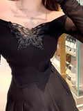 Y2K Long Sleeve Off Shoulder Butterfly Applique Contrast Mesh Top, Cute/Coquette Style Women's Clothing