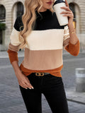 Color Block Mock Neck Sweater, Elegant Long Sleeve Sweater For Fall & Winter, Women's Clothing