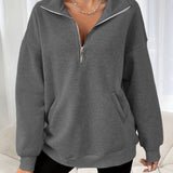Purpdrank Zipper Slant Pockets Pullover Sweatshirt, Casual Long Sleeve Crew Neck Sweatshirt For Fall & Winter, Women's Clothing