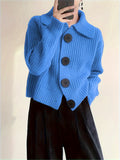 Plus Size Solid Color Button Front Knitted Cardigan, Stylish Casual Long Sleeve Cardigan For Fall & Winter, Women's Plus Size Clothing