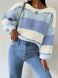 Color Block Crew Neck Pullover Sweater, Elegant Drop Shoulder Lantern Sleeve Sweater, Women's Clothing