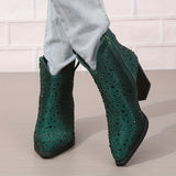 Women's Rhinestone Decor Ankle Boots, Pointed Toe Chunky Heeled Cowboy Boots, V-cut Pull On Boots for Music Festival