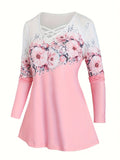 Floral Print Cross V Neck T-Shirt, Casual Long Sleeve Top For Spring & Fall, Women's Clothing