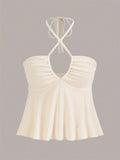 Purpdrank Chic Cross Front Ruched Halter Top - Flattering Tie Back, Sleeveless Summer Style - Trendy Y2K Inspired, Perfect for Cute & Coquette Fashionistas