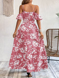 Floral Print Cold Shoulder Belted Dress, Elegant Split Sleeveless Aline Dress For Spring & Summer, Women's Clothing