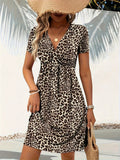 Leopard Print Twist Dress, Stylish Plunging Short Sleeve Midi Dress For Spring & Summer, Women's Clothing