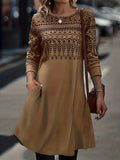 Vibrant Ethnic Print Crew Neck Dress - Classic Long Sleeve Design for Timeless Style, Perfect for Spring and Fall, Womens Vintage Clothing