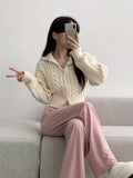 Two-way Cable Kit, Long Sleeve Chic Zip Cardigan, Drop Shoulder Slim Collared For Fall & Winter, Women's Clothing