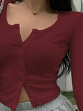 Purpdrank Vibrant Solid Color Crew Neck Slim Fit Long Sleeve T-Shirt - Soft Y2K Ribbed Single Breasted Design for Everyday Wear, Comfortable Women's Clothing for Casual Occasions, Perfect for Spring and Summer Seasons
