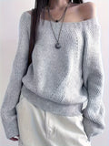 Cozy Off-The-Shoulder Solid Color Sweater - Soft Micro Elasticity, Machine Washable, Casual Long Sleeve for Spring & Fall - Womens Polyester Knit Fabric Clothing
