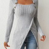 Purpdrank Chic Ribbed Long Sleeve Top with Unique Button Accent - Asymmetrical Hem - Perfect for Womens Spring & Fall Fashion