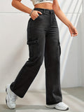 High-Waisted Y2K Kpop-Inspired Denim Cargo Jeans - Side Flap Pockets, Light Wash, Casual Slash Pockets, Comfortable Fabric, Stylish Design, Women's Fashionable Clothing for Everyday Wear