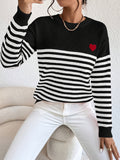 Cozy Heart & Striped Knitted Pullover Sweater - Women's Casual Crew Neck Long Sleeve Top for Fall & Winter - Soft, Warm, and Comfortable Clothing for Everyday Wear