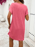 Solid Color V Neck Dress, Casual Short Sleeve Button Decor Dress For Spring & Summer, Women's Clothing