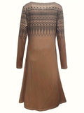 Vibrant Ethnic Print Crew Neck Dress - Classic Long Sleeve Design for Timeless Style, Perfect for Spring and Fall, Womens Vintage Clothing