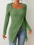 Purpdrank Chic Ribbed Long Sleeve Top with Unique Button Accent - Asymmetrical Hem - Perfect for Womens Spring & Fall Fashion