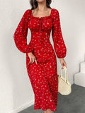 Floral Print Square Neck A-line Dress, Elegant Lettuce Trim Long Sleeve Tie Front Backless Dress, Women's Clothing