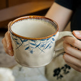 Purpdrank  1pc Retro Elegant Ceramic Mug with Blue Floral Pattern - White with Orange Rim, Perfect for Coffee or Tea, Office or Home Use, Hand Wash Only, Coffee Bar Accessories