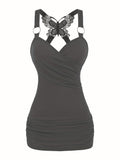 Purpdrank Solid Color Y2K Ruched Strap Tank Top - Fashionable Cold Shoulder Butterfly Lace - Versatile Spring & Summer Style for Womens Cute/Coquette Closet