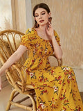 Floral Print Square Neck A-line Dress, Elegant Short Sleeve Dress For Spring & Summer, Women's Clothing