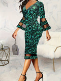 Elegant Fall/Winter Floral Pencil Dress: V-Neck, Bell Sleeves, Comfort Fit - Durable & Easy Care Women's Fashion