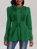 Elegant Lace Blouse - Long Sleeve, Mock Neck, Pleated Contrast Design, Women's Clothing for Chic Style