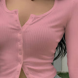 Purpdrank Vibrant Solid Color Crew Neck Slim Fit Long Sleeve T-Shirt - Soft Y2K Ribbed Single Breasted Design for Everyday Wear, Comfortable Women's Clothing for Casual Occasions, Perfect for Spring and Summer Seasons