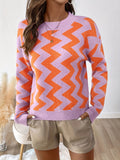 Long Sleeve Chevron Pattern Crew Neck Drop Shoulder Color Block Sweater for Women, Casual Winter & Fall Clothing