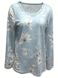 Cutout Floral Print V Neck T-Shirt, Casual Long Sleeve Top For Spring & Fall, Women's Clothing