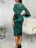 Elegant Fall/Winter Floral Pencil Dress: V-Neck, Bell Sleeves, Comfort Fit - Durable & Easy Care Women's Fashion