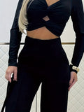 Purpdrank  Women's Double-Breasted Wide-Leg Pants - Solid Black Casual Trousers, Machine Washable & Dry Cleanable, All-Season Versatile Office & Casual Attire, Commuting Attire, Sleek Design, Durable Material, Stylish Bottoms