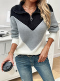 Vibrant Color Block Quarter Zip Sweater - Soft, Cozy, Long Sleeve Design for Fall & Winter - Women's Casual Clothing for Everyday Wear