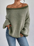 Cozy Striped Off-Shoulder Sweater - Soft Polyester Blend, Round Neck, Stretchy Fabric, Long Sleeves, Regular Fit, H-Shape, No Lining, Perfect for All Seasons and Occasions