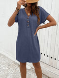 Solid Color V Neck Dress, Casual Short Sleeve Button Decor Dress For Spring & Summer, Women's Clothing