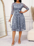 Contrast Lace Three-quarter Sleeve Dress, Elegant Crew Neck Belted Dress For Spring & Fall, Women's Clothing
