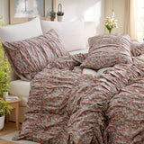 Purpdrank  Ruched Floral Duvet Cover Queen Size, 100% Cotton Farmhouse Shabby Chic Garden Bedding Sets Boho Pink Flower 3pcs Soft Comforter Cover Set with Pillowcases for All Seasons And Girls Women Room Decor