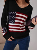 American Flag Print V Neck Sweater, Casual Long Sleeve Sweater For Spring & Fall, Women's Clothing